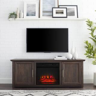 CROSLEY FURNITURE Camden Dark Walnut 58 in. Low Profile TV Stand with Fireplace Fits 60 in. TV with Cable Management KF100558DW