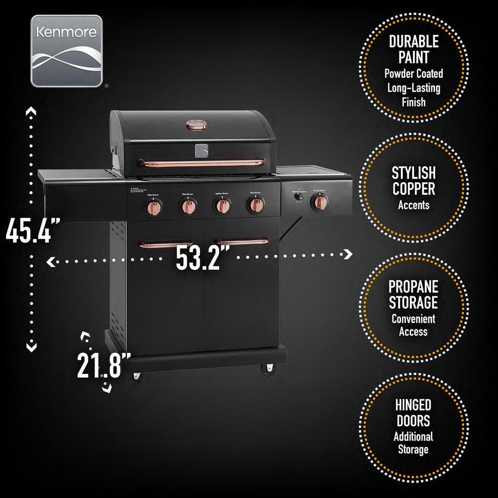 KENMORE 4Burner Propane Gas Grill with Side Searing Burner in Black with Copper Accent