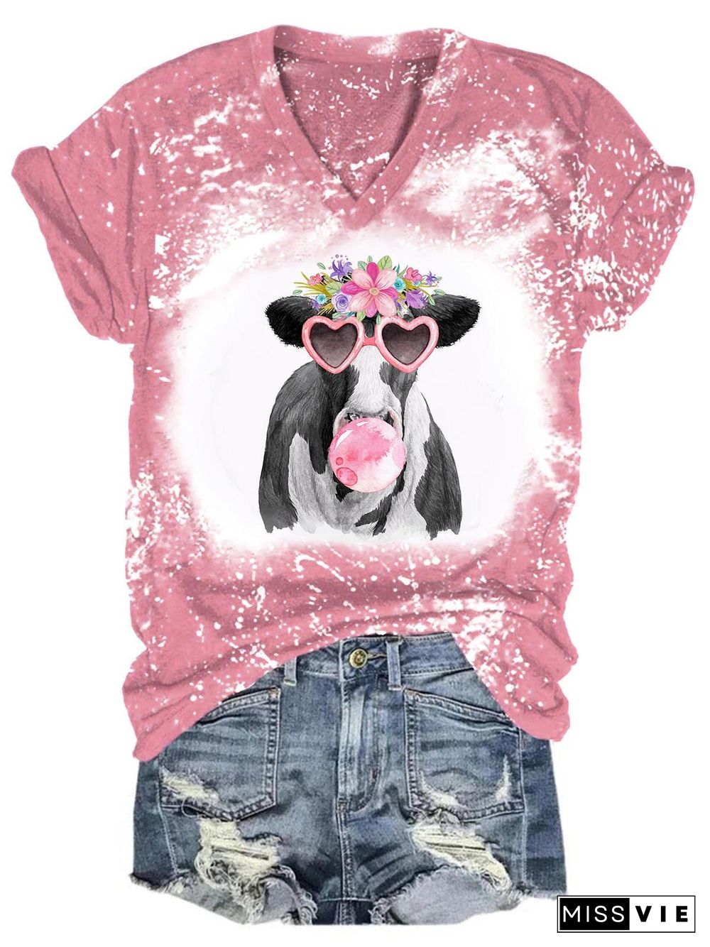 Cow Flower Tie Dye V Neck T-Shirt