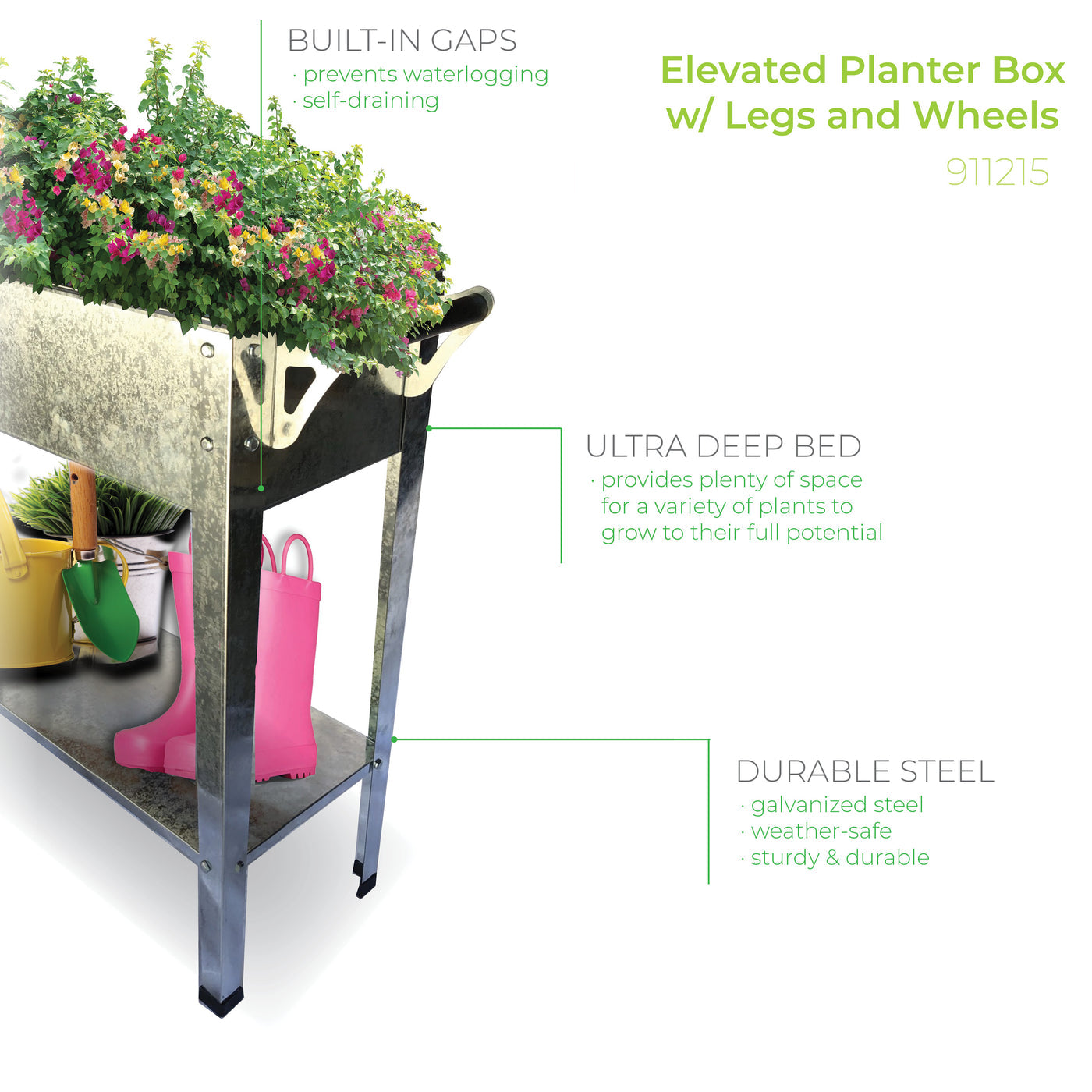 Backyard Expressions Raised Garden Planter Cart w/ Legs | Galvanized Steel 41" X 16"(Bed) 32"(Tall)