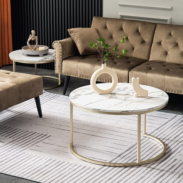 Modern Round Nesting Coffee Table Set， with 31.5 in White Faux Marble Top and Gold Metal Legs