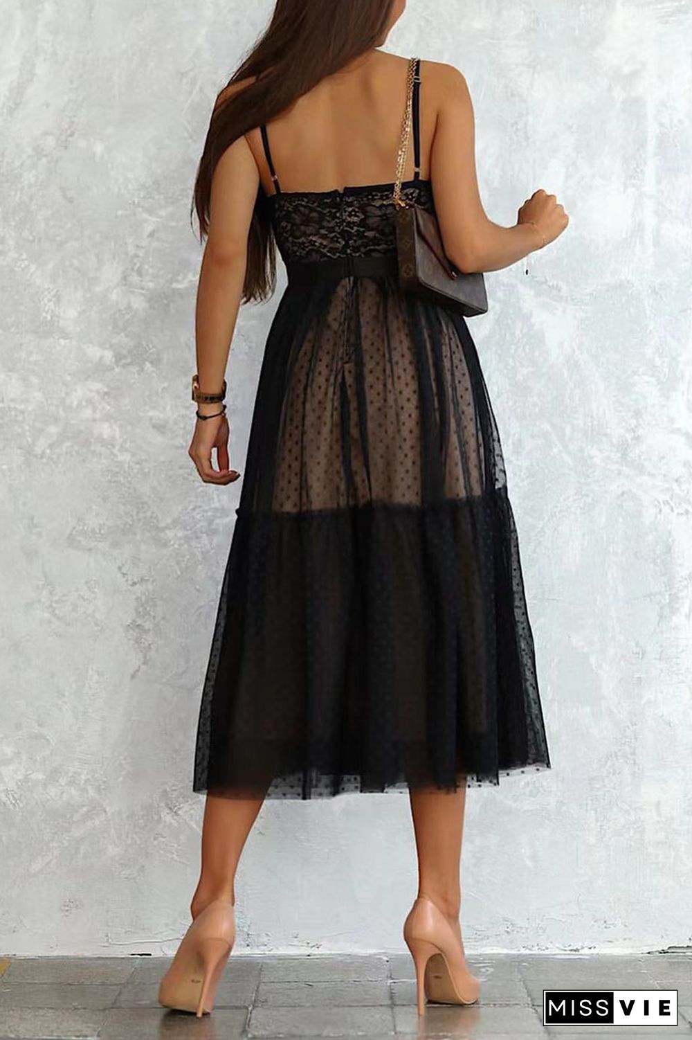 Casual Patchwork Lace Spaghetti Strap Cake Skirt Dresses