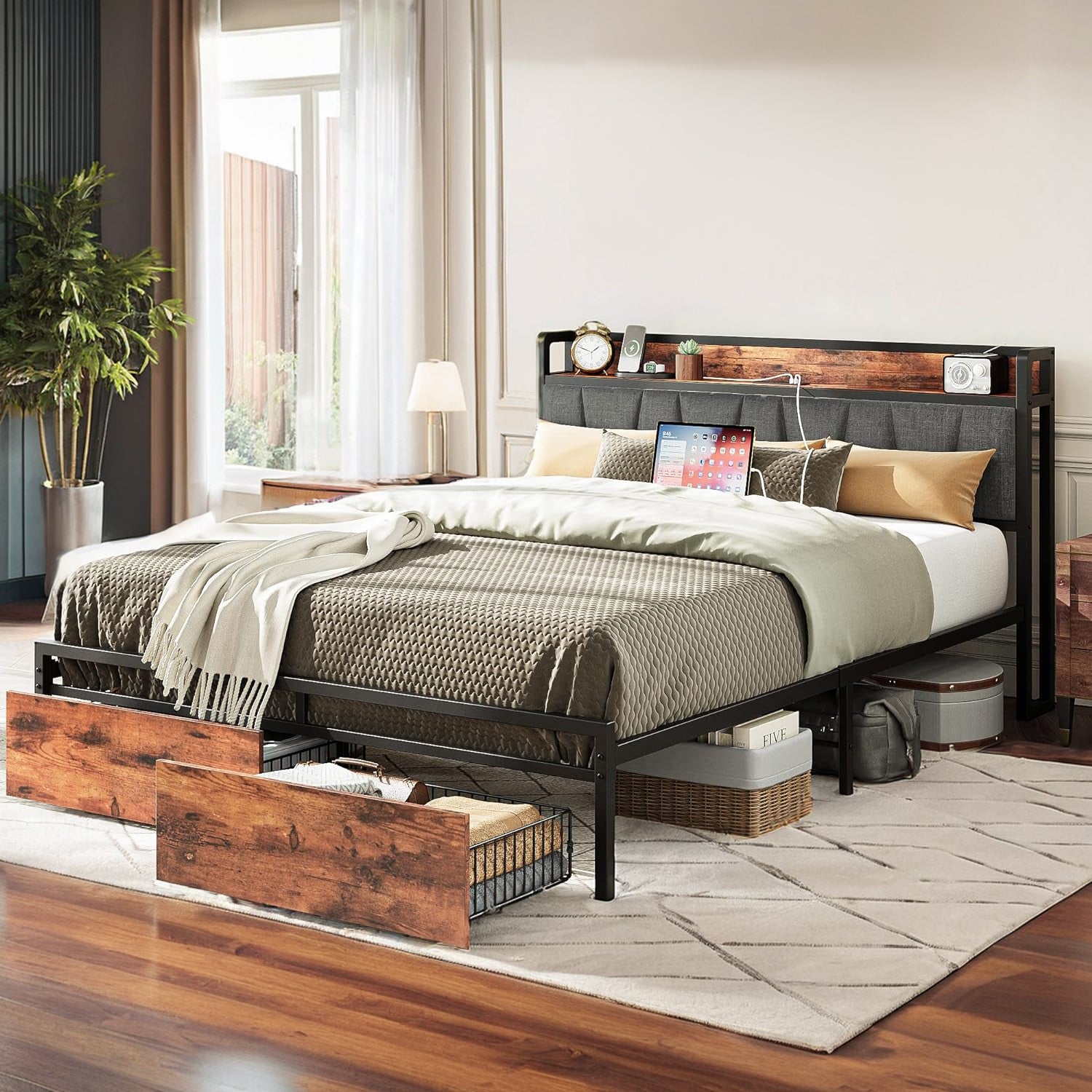 Platform Bed Frame with Storage Headboard, Charging Station and Drawers