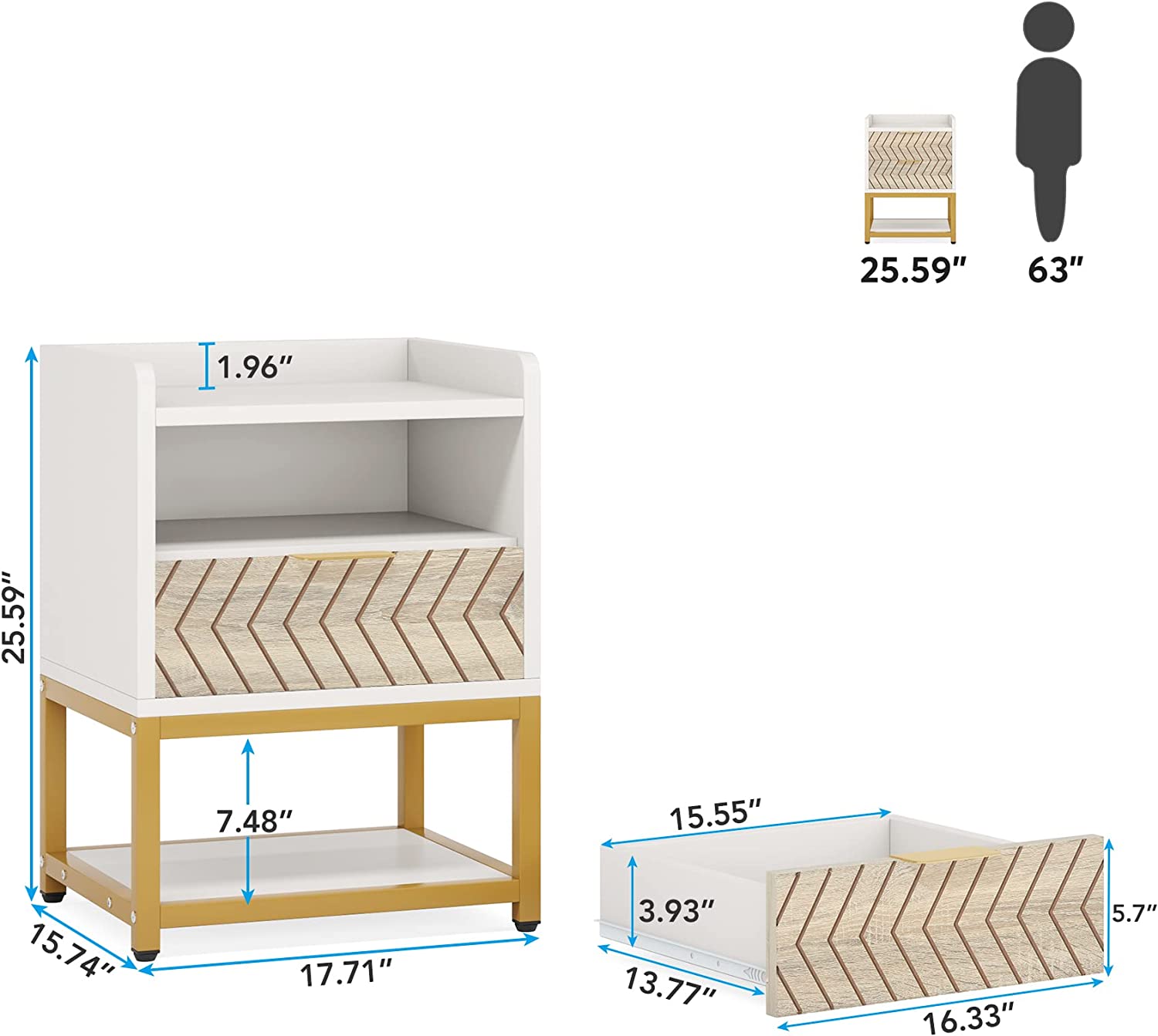 Tribesigns Modern Nightstand with 2 Drawers, Bedrooms Bedside Table, Side End Table for Living Room, White & Gold