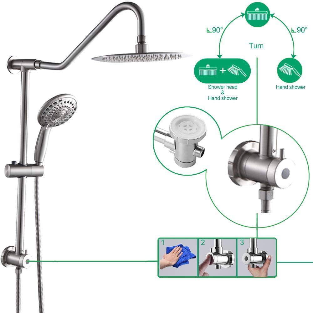 LORDEAR 5-Spray Patterns 10 in. Wall Mount Dual Shower Heads with Adjustable Slide Bar and Handheld in Brushed Nickel H-LS0002C-SS