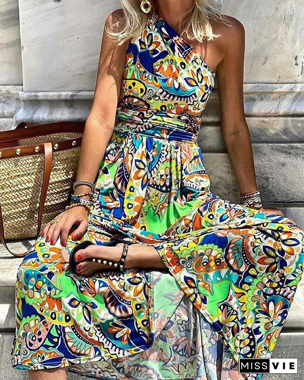 Printing One Shoulder Sleeveless Bohemian Long Dress