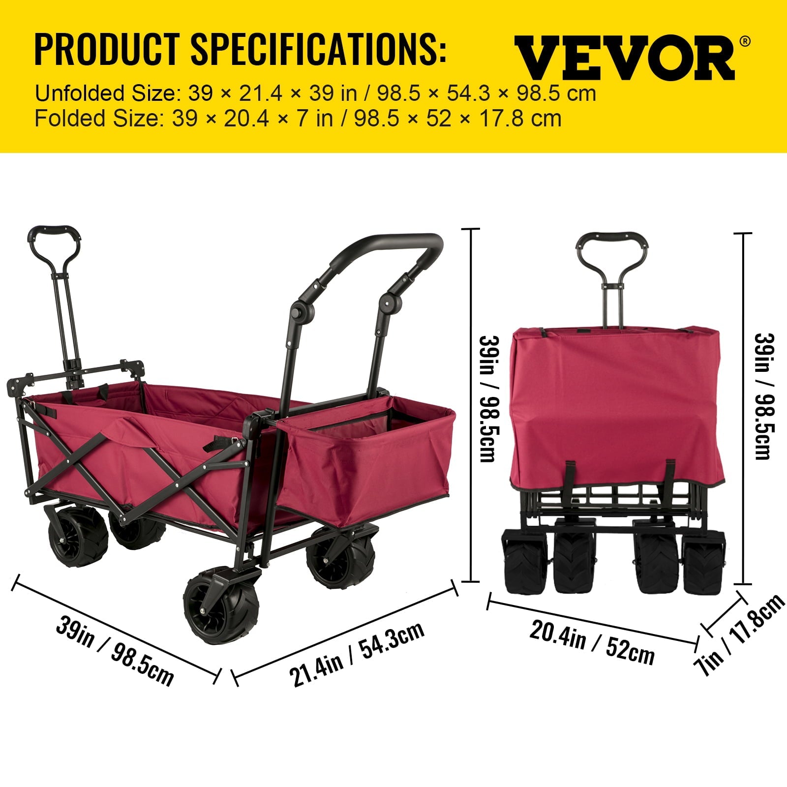 VEVORbrand Collapsible Wagon Cart Red, Foldable Wagon Cart Removable Canopy 601D Oxford Cloth, Collapsible Wagon Oversized Wheels, Portable Folding Wagon Adjustable Handles, Beach, Garden, Sports