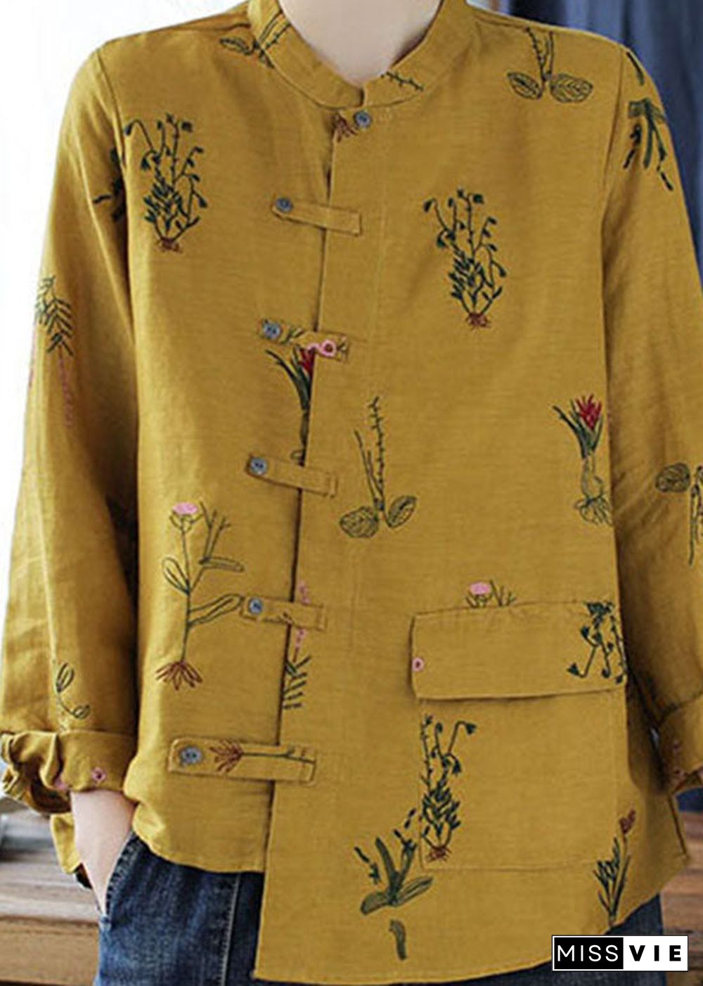 Vintage Yellow asymmetrical design Button Linen Blouses top Long Sleeve