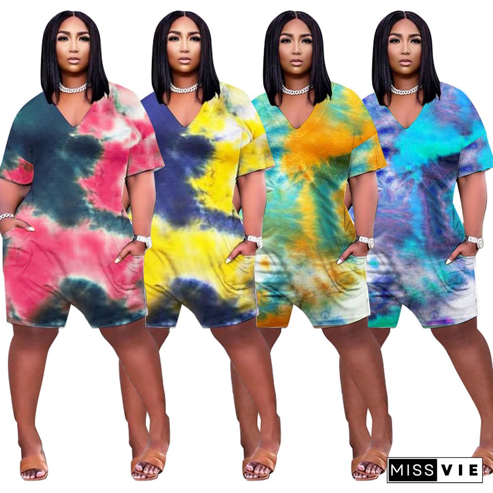 Tie Dye V Neck Short Sleeve Loose Plus Size Romper