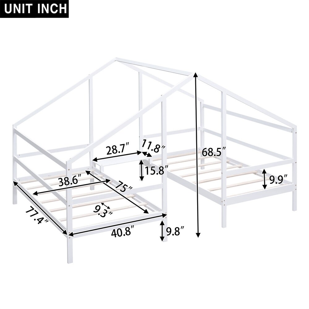 Double Twin Size Wooden House Bed Platform Bed Daybed with Built in Table