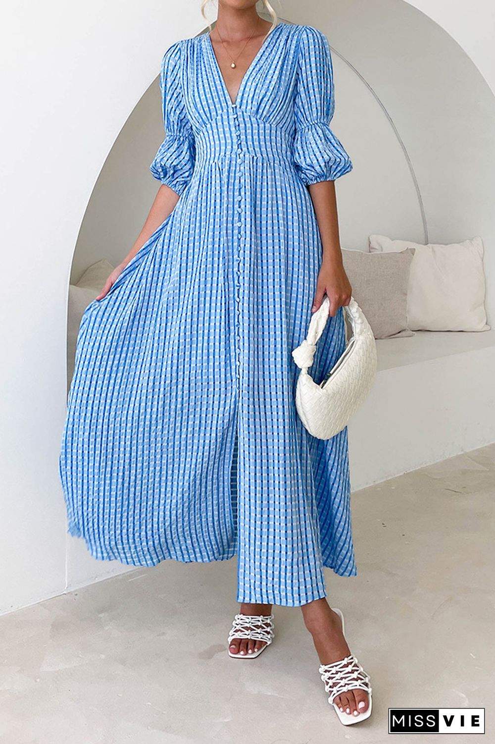 Eyelet Checked Button Up Long Split Dress