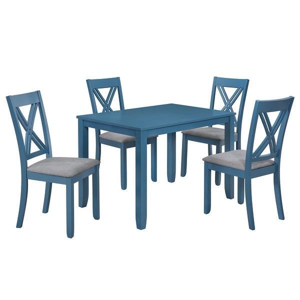 Wood 5-Piece Dining Table Set w/4 X-Back Chairs for Small Places， Blue