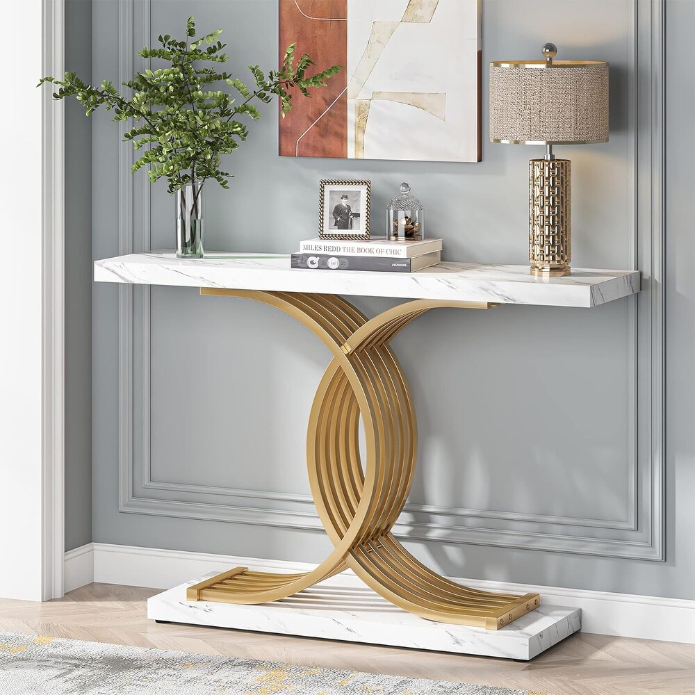 Console Table  Faux Marble Hallway Table with Geometric Metal Legs   11.81\