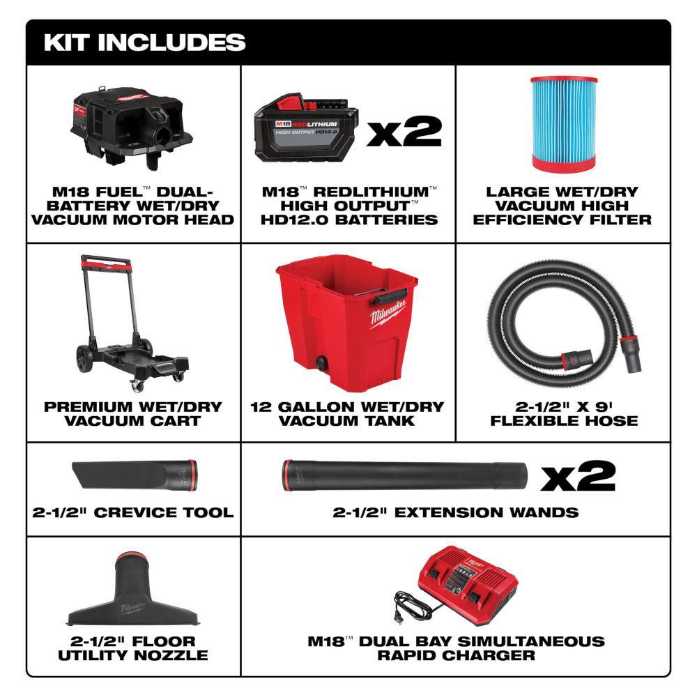 MW M18 FUEL 12 Gal. Cordless Dual-Battery WetDry Shop Vac Kit with HE Filter HEPA Filter and (5-Pack) Fleece Dust Bags 0930-22HD-49-90-1977-49-90-1999