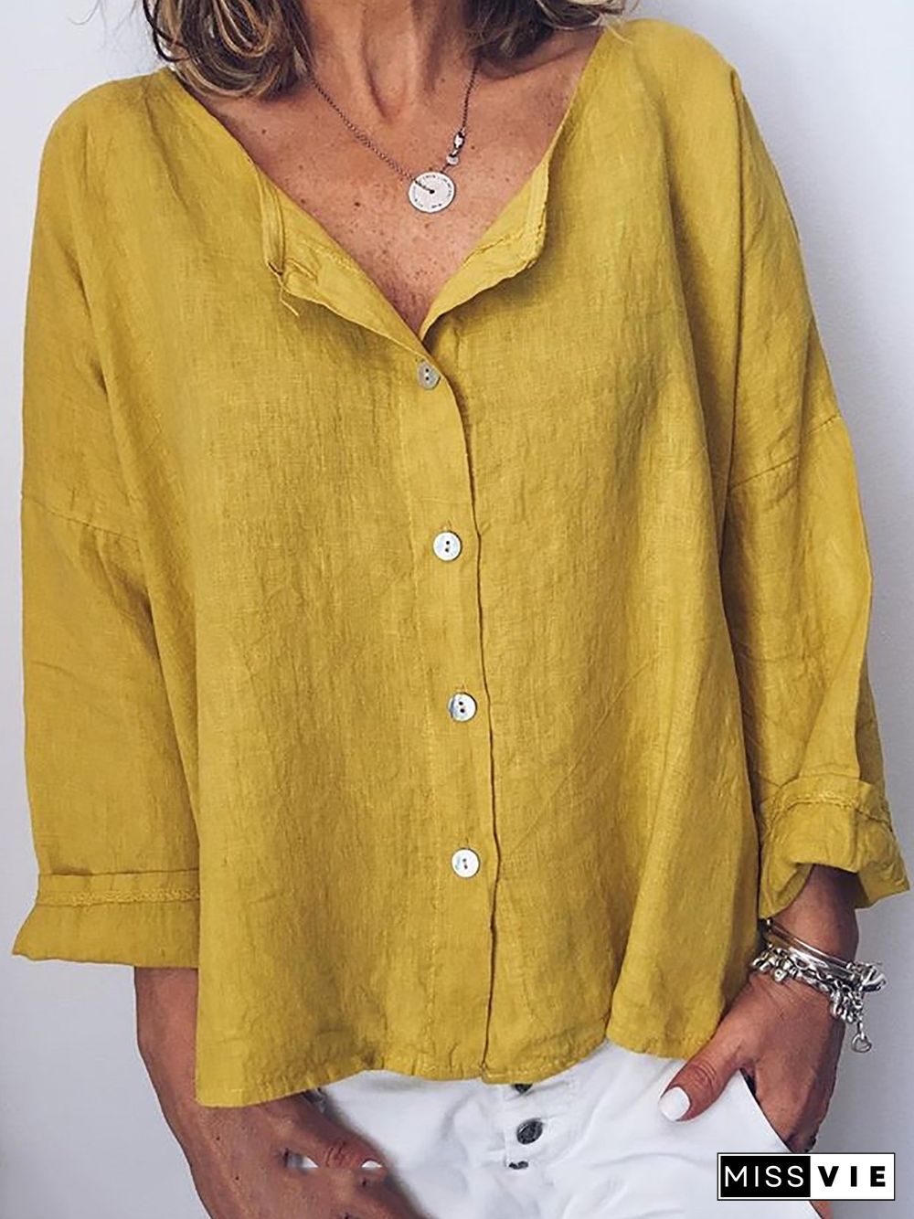 Long Sleeve Solid Shirts Plus Size Blouses Linen