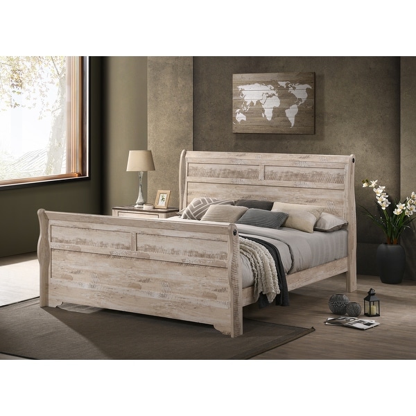 Roundhill Furniture Imerland Contemporary White Wash Finish Bedroom Set with Sleigh Bed， Dresser， Mirror， Two Nightstands - - 32524438