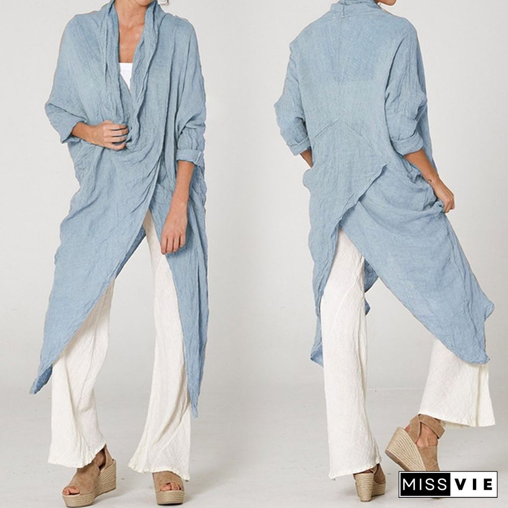 Womens Long Sleeve Blouse Tee Asymmetric Cotton Linen Long Shirt Casual Loose Plus Size Tops S-5XL