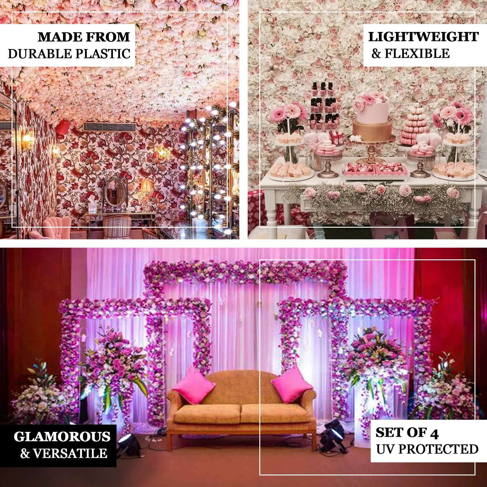 Pink Champagne UV Protected Assorted Flower Wall Mat Backdrop 4 Artificial Panels 13 Sq ft.