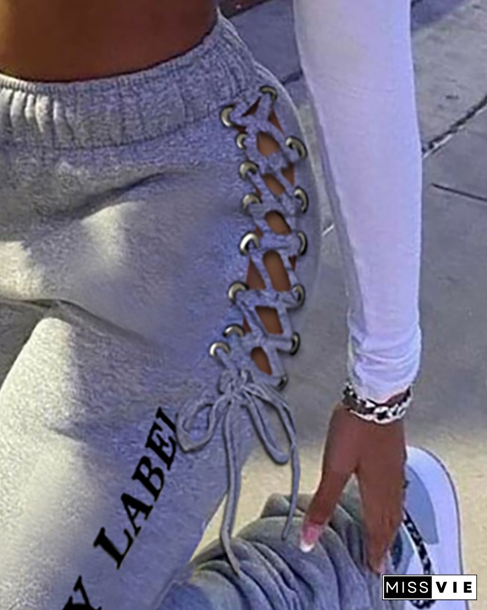 Letter Print Eyelet Lace-up Drawstring Fold Sweatpants