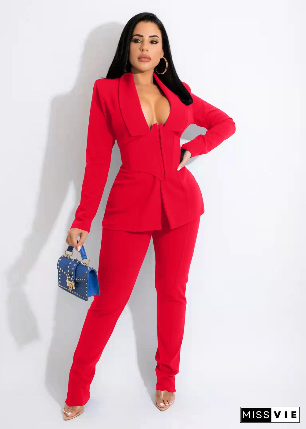 Solid Blazers with Girdle Corset and Pants Suit