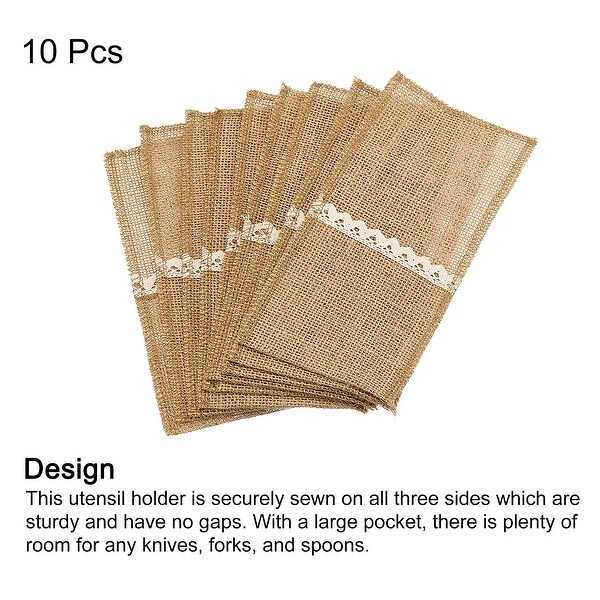 10Pcs Burlap Lace Utensil Holder Knife Fork Bag Cutlery Pouch for Wedding Party - Light Brown