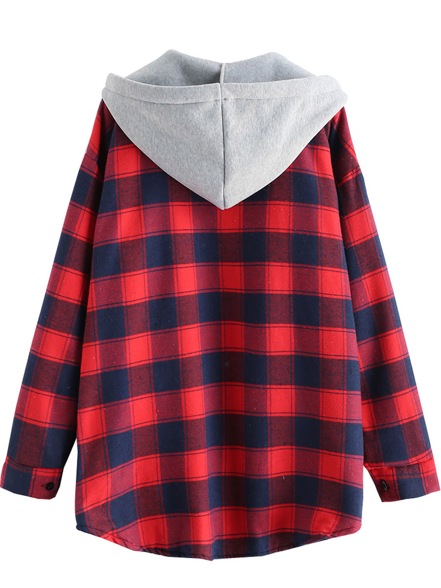 Casual Loose Check Panel Lambsool Hooded Blouse