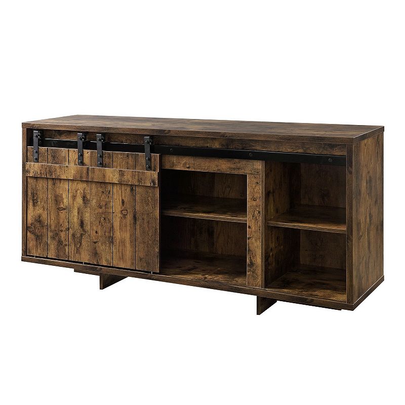 60 Inches Wooden TV Stand with 2 Barn Sliding Doors， Rustic Brown