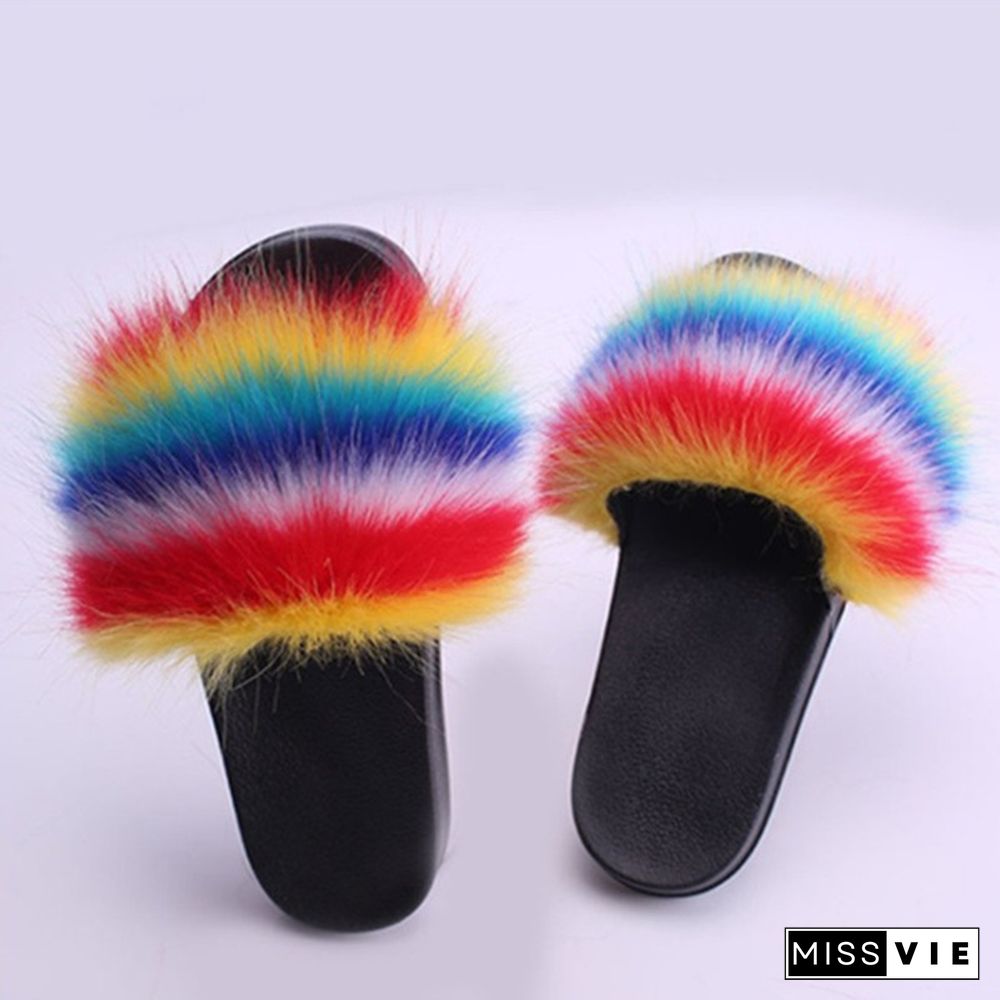 Women New Fashion Fluffy Faux Fur Slippers Sandals Indoor Outdoor Plush Slides Home Flat Shoes