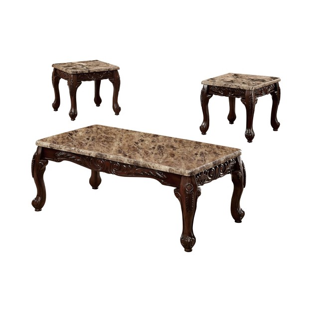 3pc Grante Faux Marble Accent Table Set Dark Oak ivory Homes Inside Out