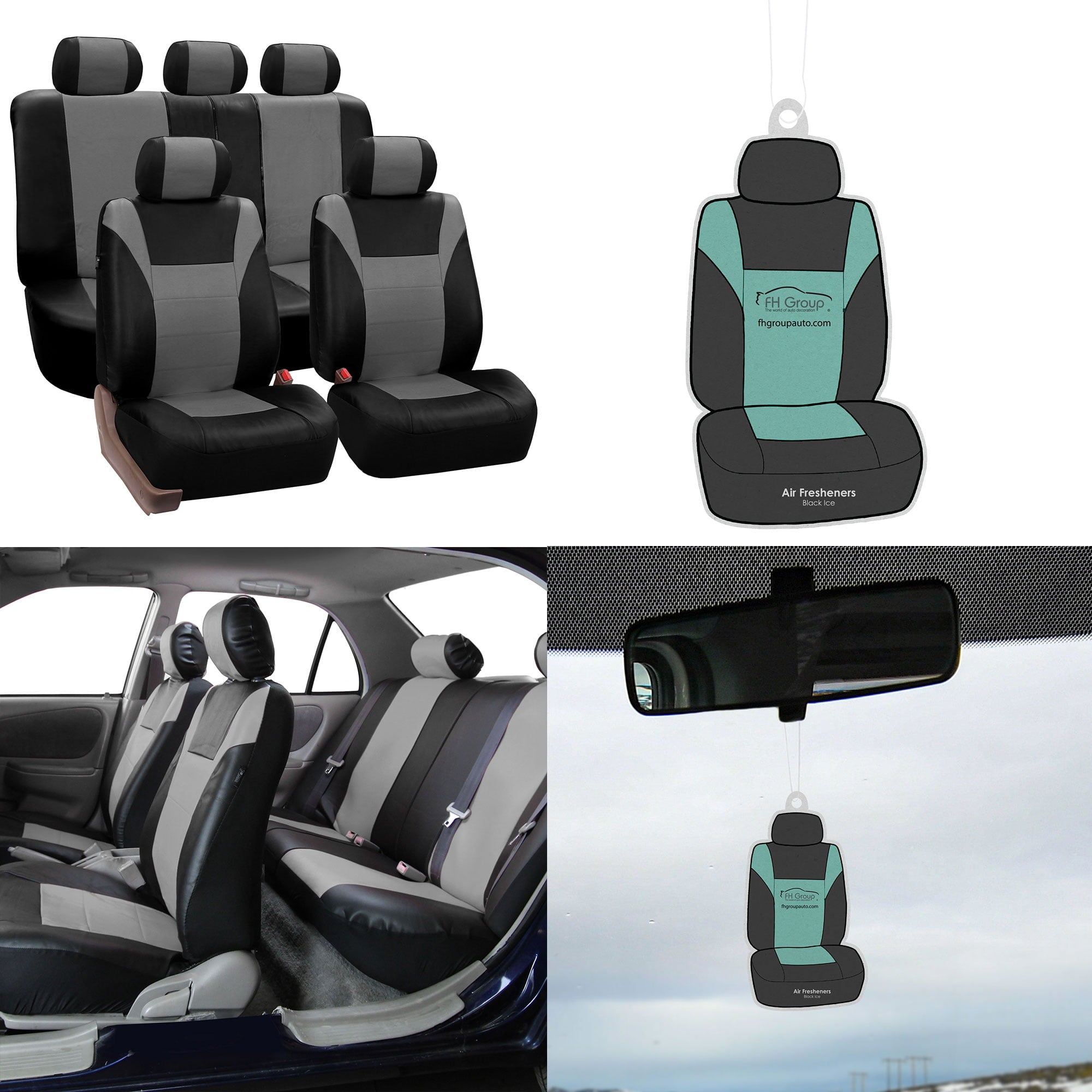 FH Group， Leather Seat Covers for Car Gray w/ Free Air Freshener， Airbag Compatible / Split Bench Covers