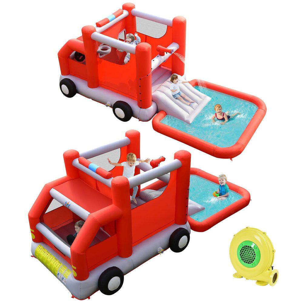 Costway Fire Truck Themed Inflatable Castle Water Park Kids Bounce House with 480-Watt Blower NP10478US