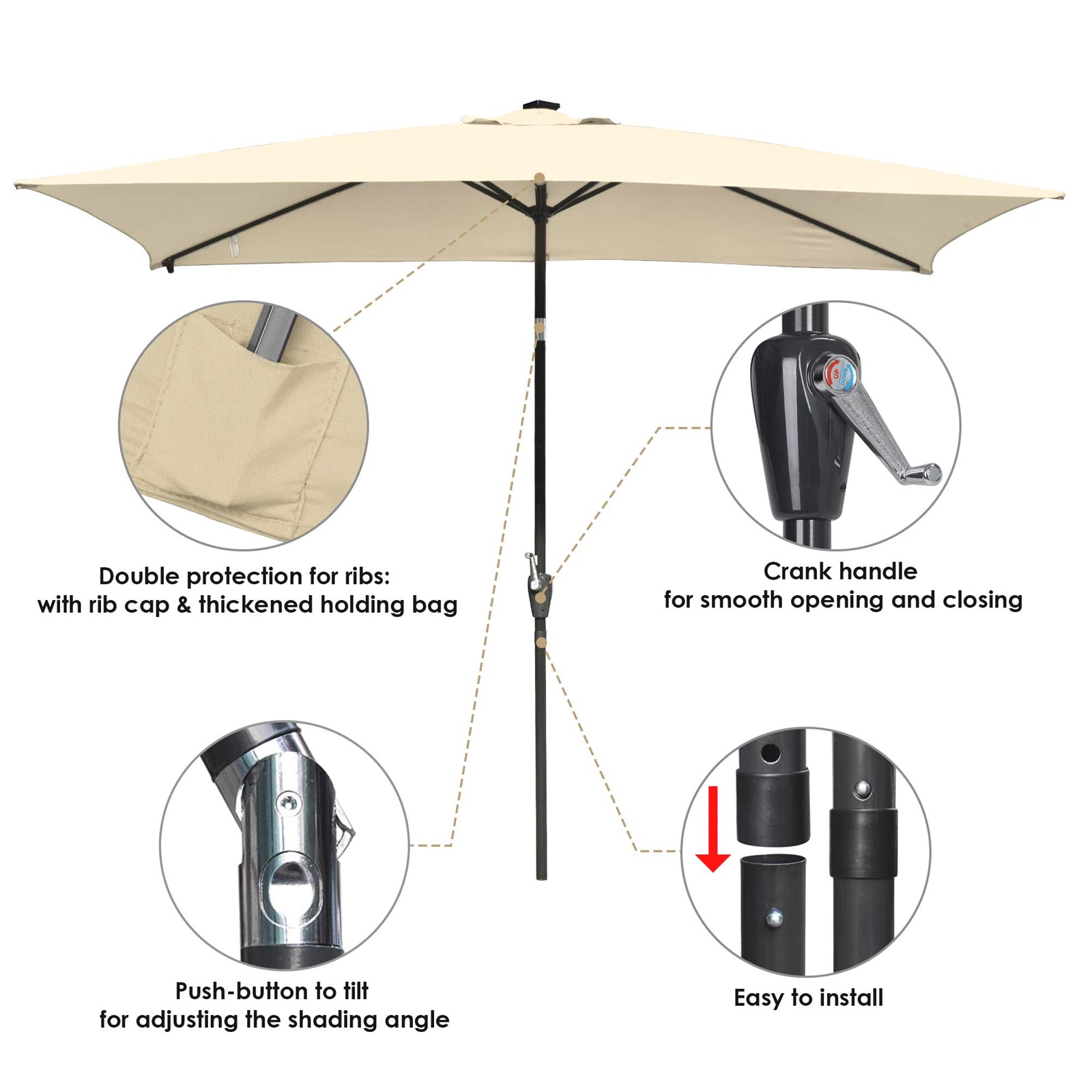 10x6.5ft Outdoor Rectangle Solar Powered LED Lighted Patio Umbrella with Crank Tilt for Table Market Beach Pool Taupe