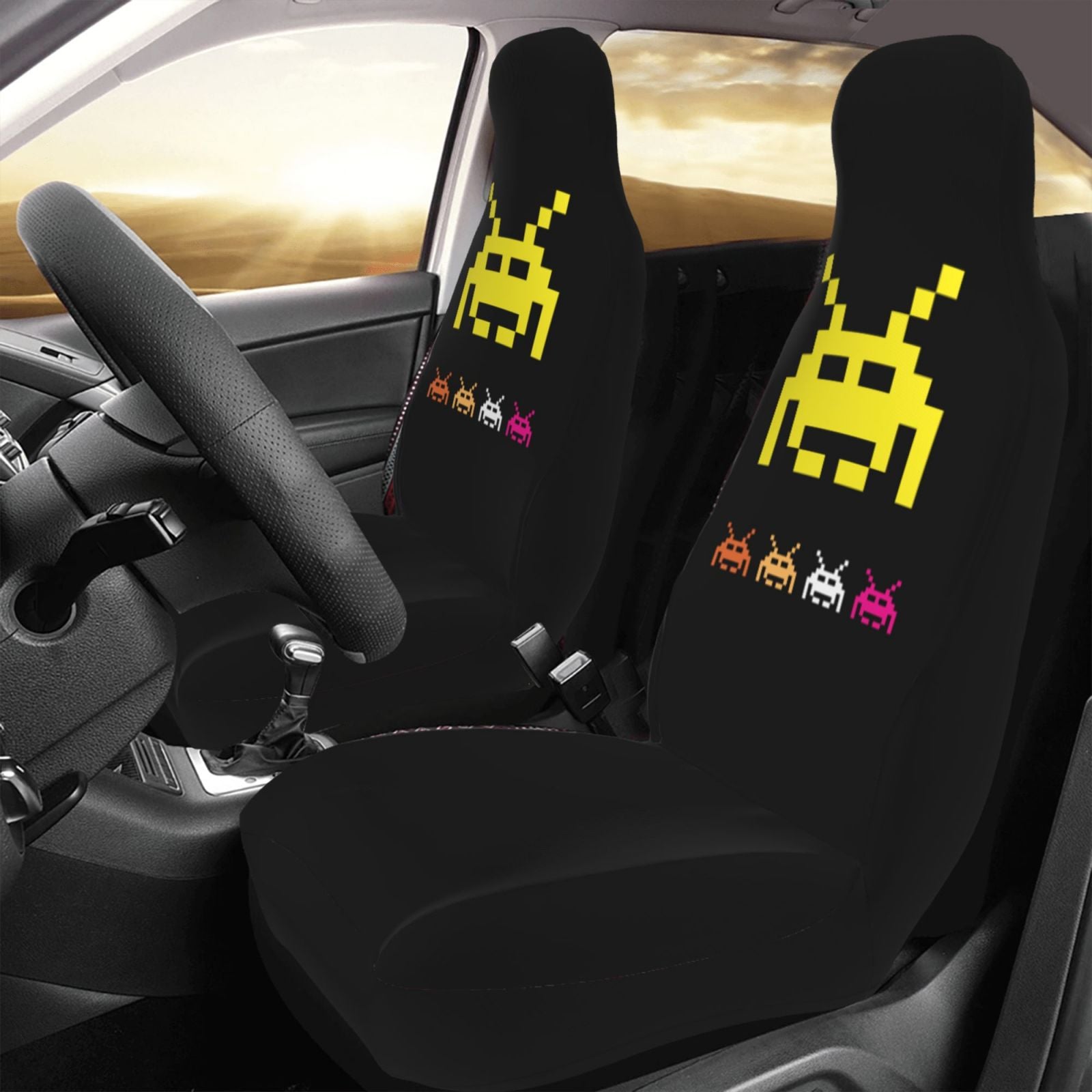 TEQUAN Front Seat Covers， Alien UFO Space Game Pattern 2 Piece Car Seat Cover Fit Most Car SUV Truck Van