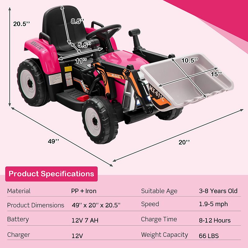 12V Battery Powered Kids Ride on Excavator with Adjustable Arm and Bucket