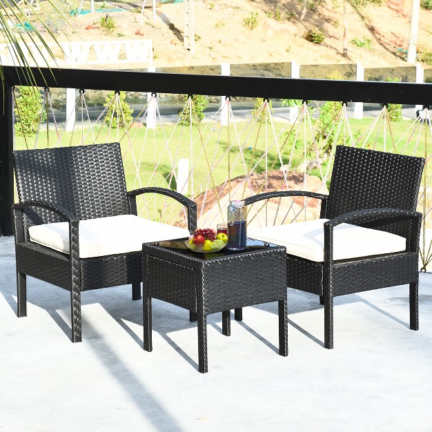 Costway 3pcs Patio Rattan Furniture Set Table amp Chairs Set With Thick Cushions Garden