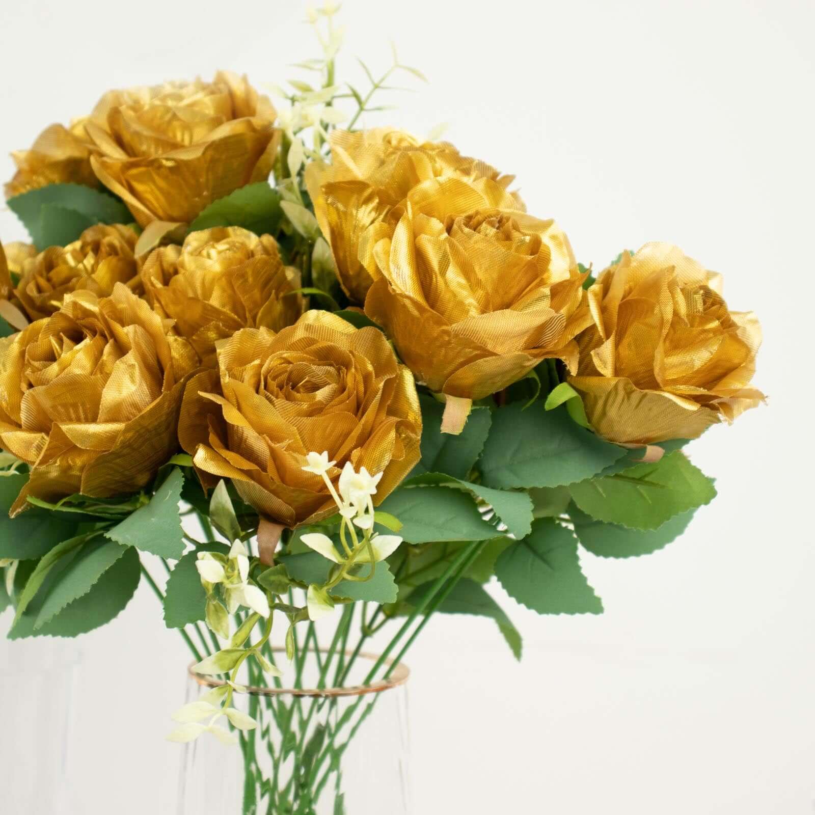 2 Bushes Gold Artificial Silk Rose Flower Arrangements, Real Touch Long Stem Flower Bouquet 18