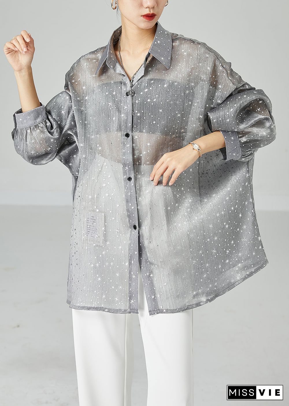 French Grey Oversized Print Silk Shirt Tops Summer