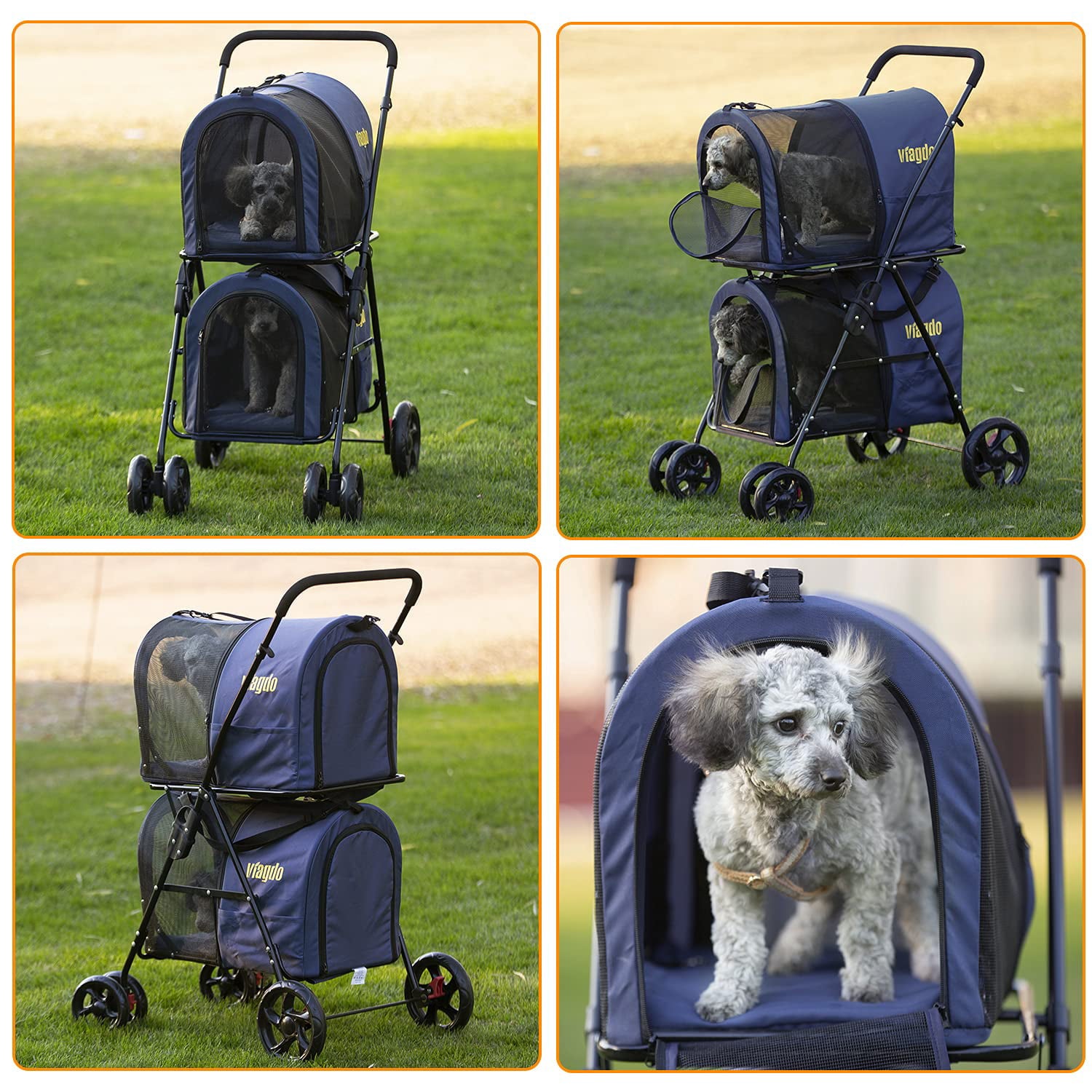 Double Pet Stroller 4-in-1 Folding Dog Strollers Travel Cart with 2 Detachable Carriersand4 Lockable Wheels for Small Medium Dogs Cats，Navy Blue