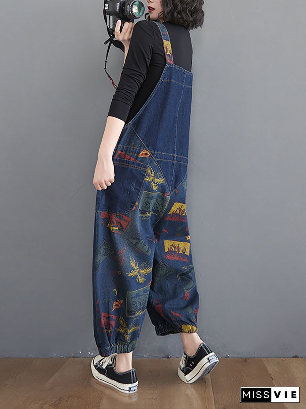 Women Casual Retro Print Pocket Loose Spliced Denim Jumpsuits