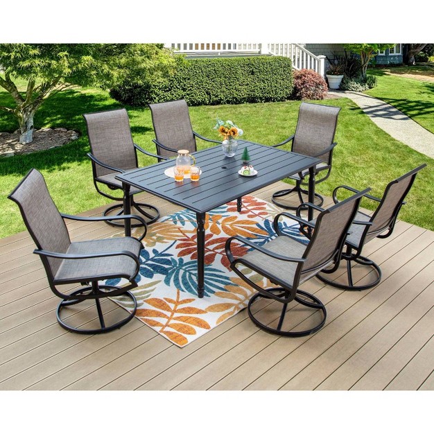 7pc Outdoor Dining Set With Steel Rectangle Table With Umbrella Hole amp Swivel Chairs Captiva Designs