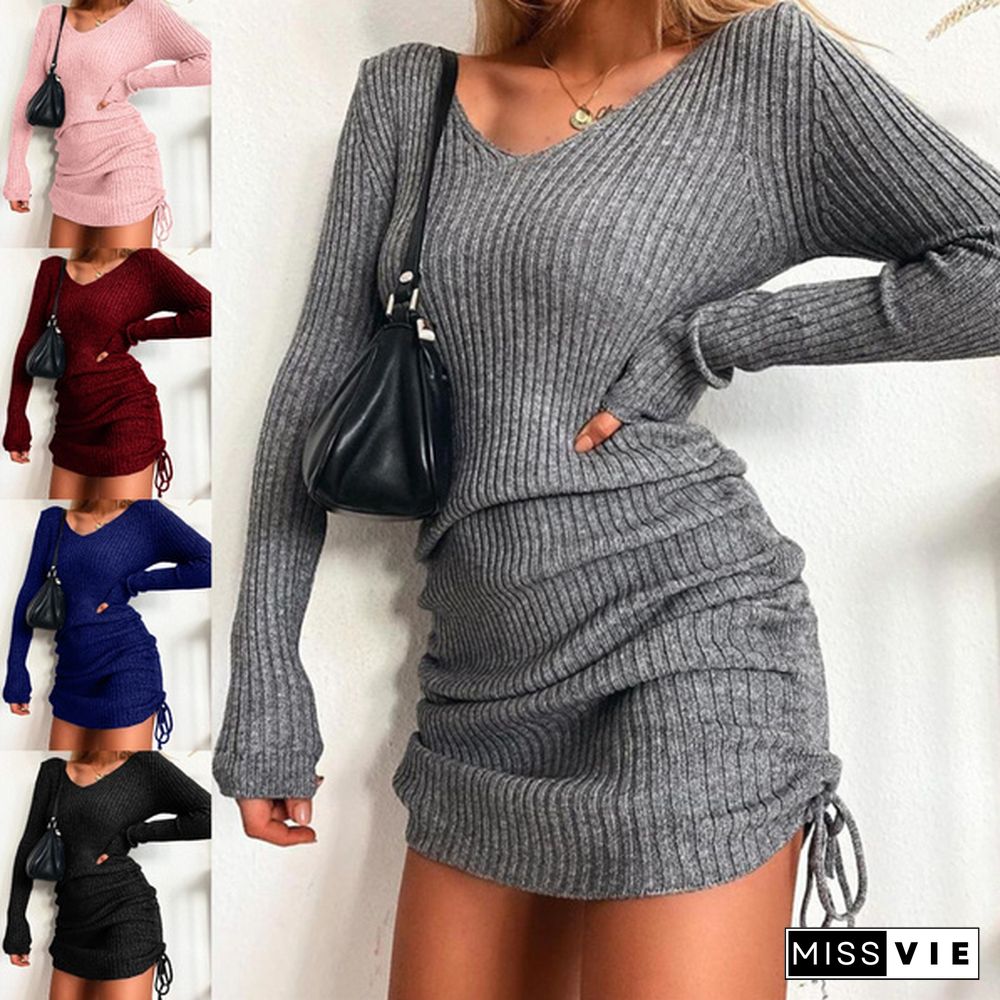 New Women's Fashion Sexy V-Neck Long Sleeve Sweater Dress Drawstring Solid Color Loose Above Knee Knitted Pullovers Plus Size Xs-5Xl