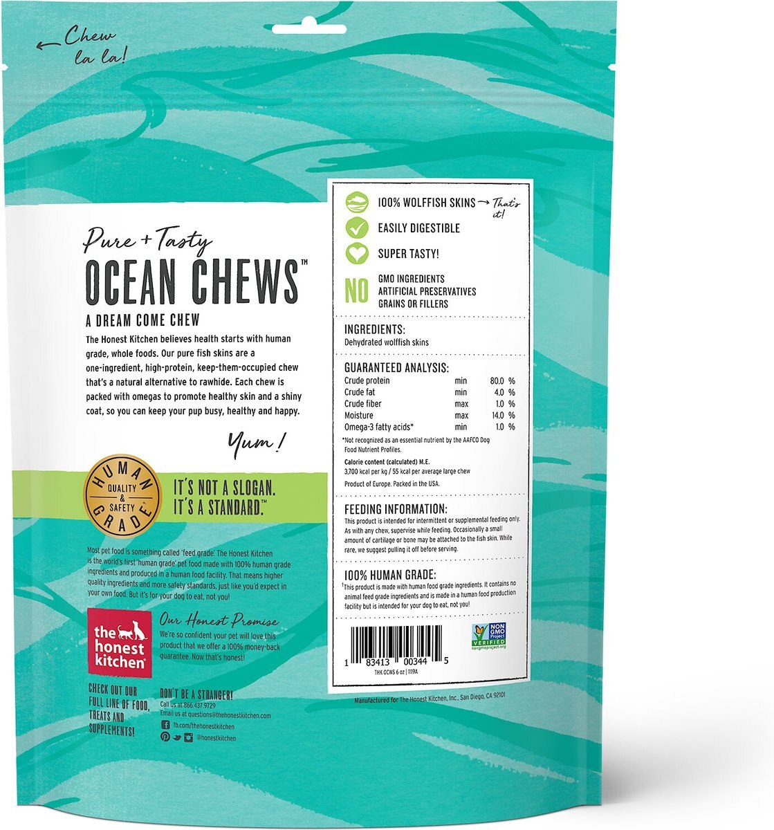 The Honest Kitchen Beams Ocean Chews Wolfish Skins Dehydrated Dog Treats， Large