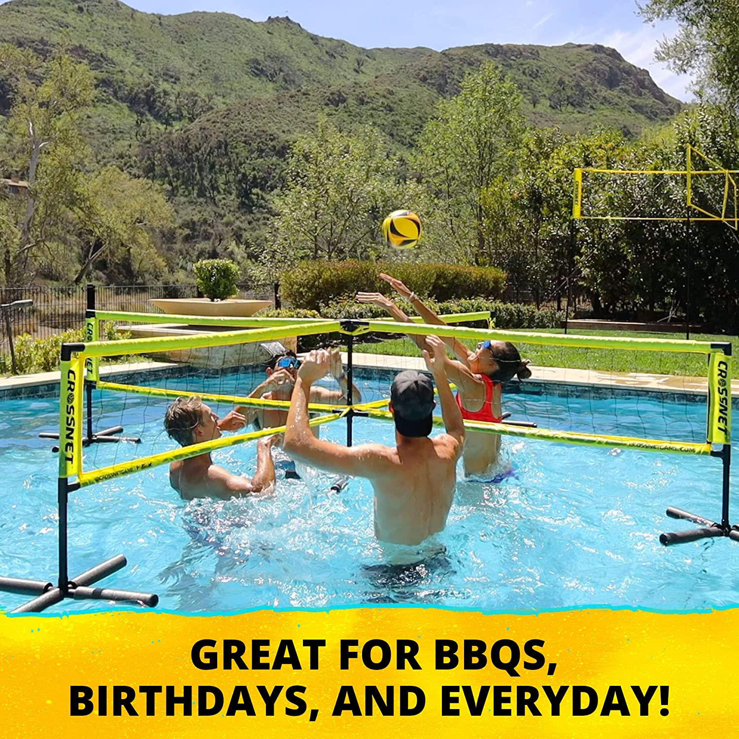 CROSSNET H2O Volleyball Pool Game for Adults and Family - Four Square Net Pool Game - Quick Assemble and Portable - Pool Volleyball Set for Inground Pools - Perfect Pool Toys for All Ages W/Accessories