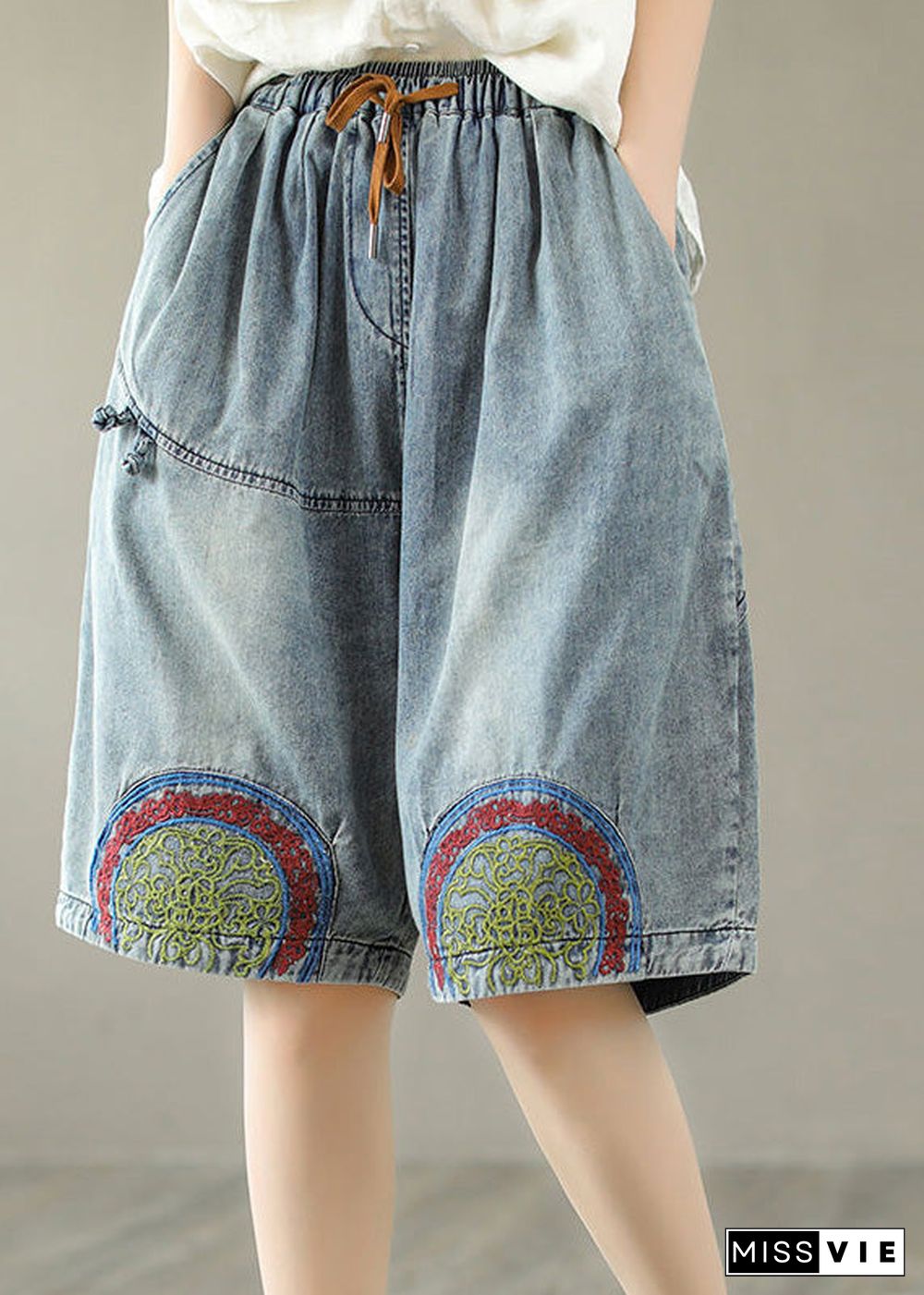 Stylish Blue Print Elastic Waist Shorts Summer