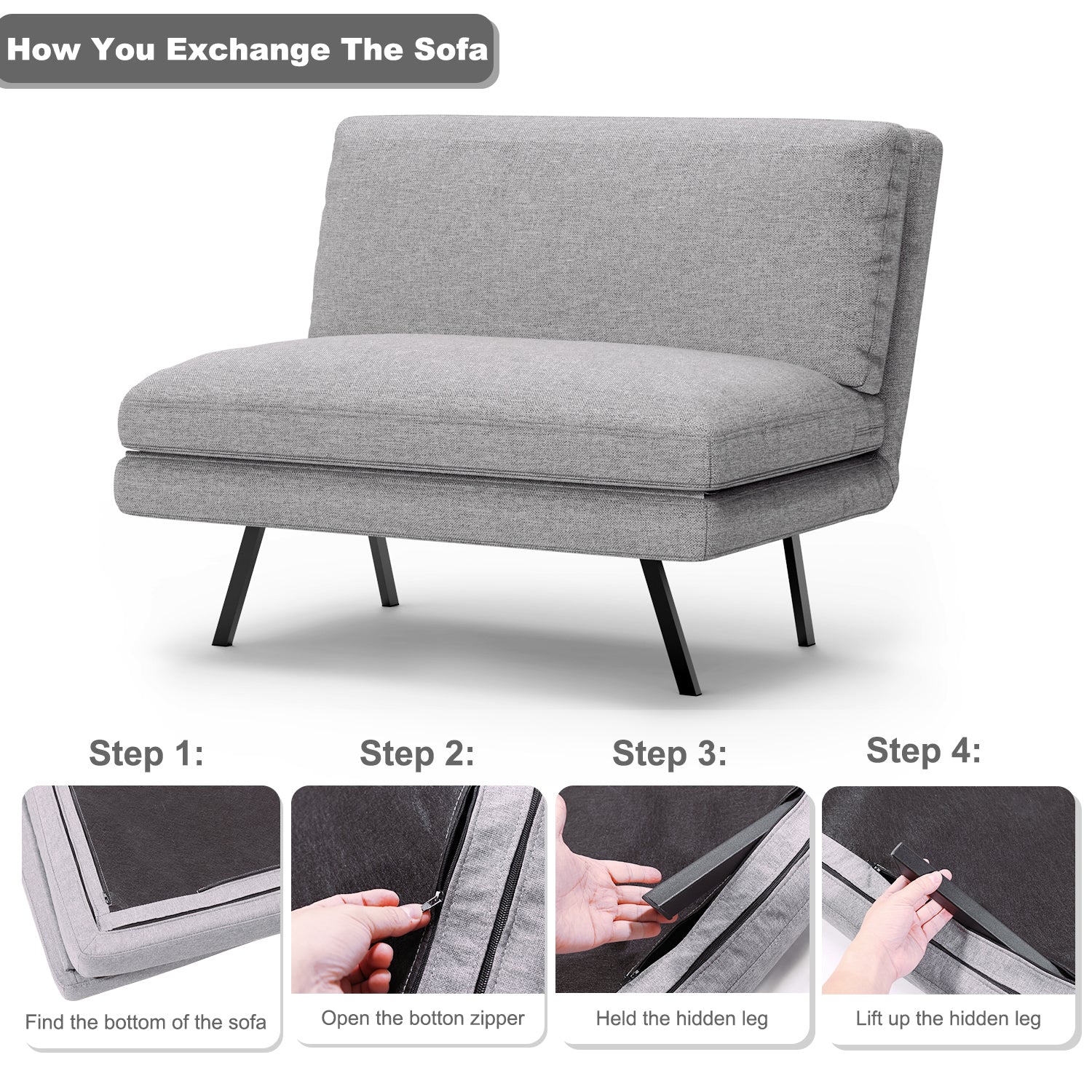 Convertible Futon Sofa Chair with Adjustable Backrest 4-in-1 Folding Floor Couch for Living, Small Room Apartment, Dorm, Grey