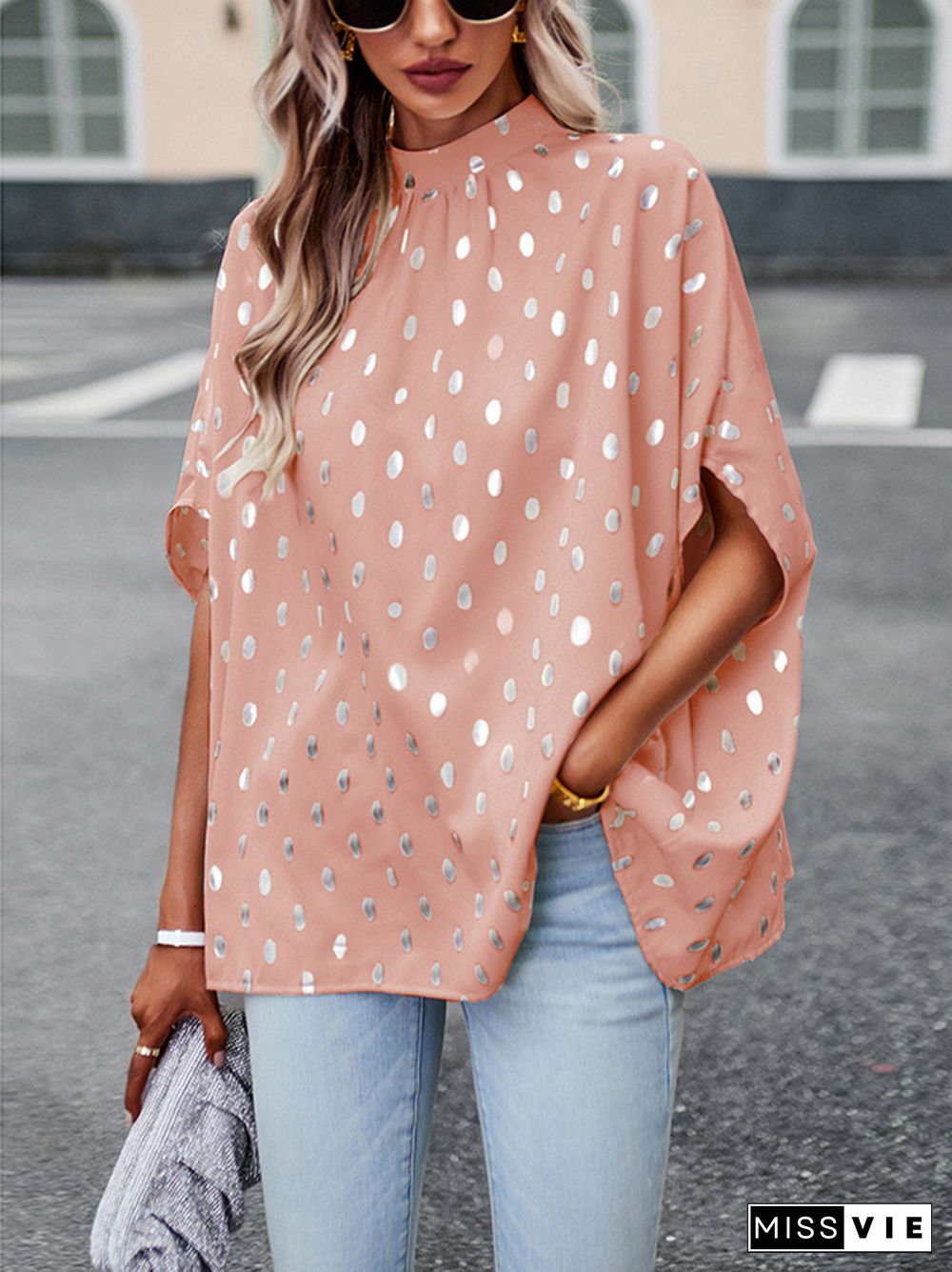 Loose Bandage Polka Dot Round-Neck Blouses&Shirts Tops