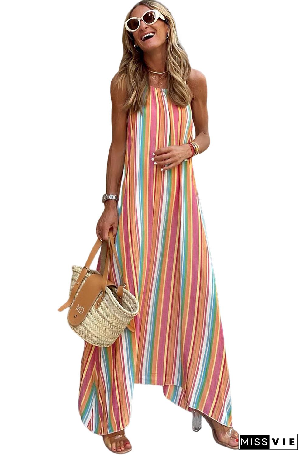 Bohemian Striped Print Sleeveless Holiday Maxi Dress