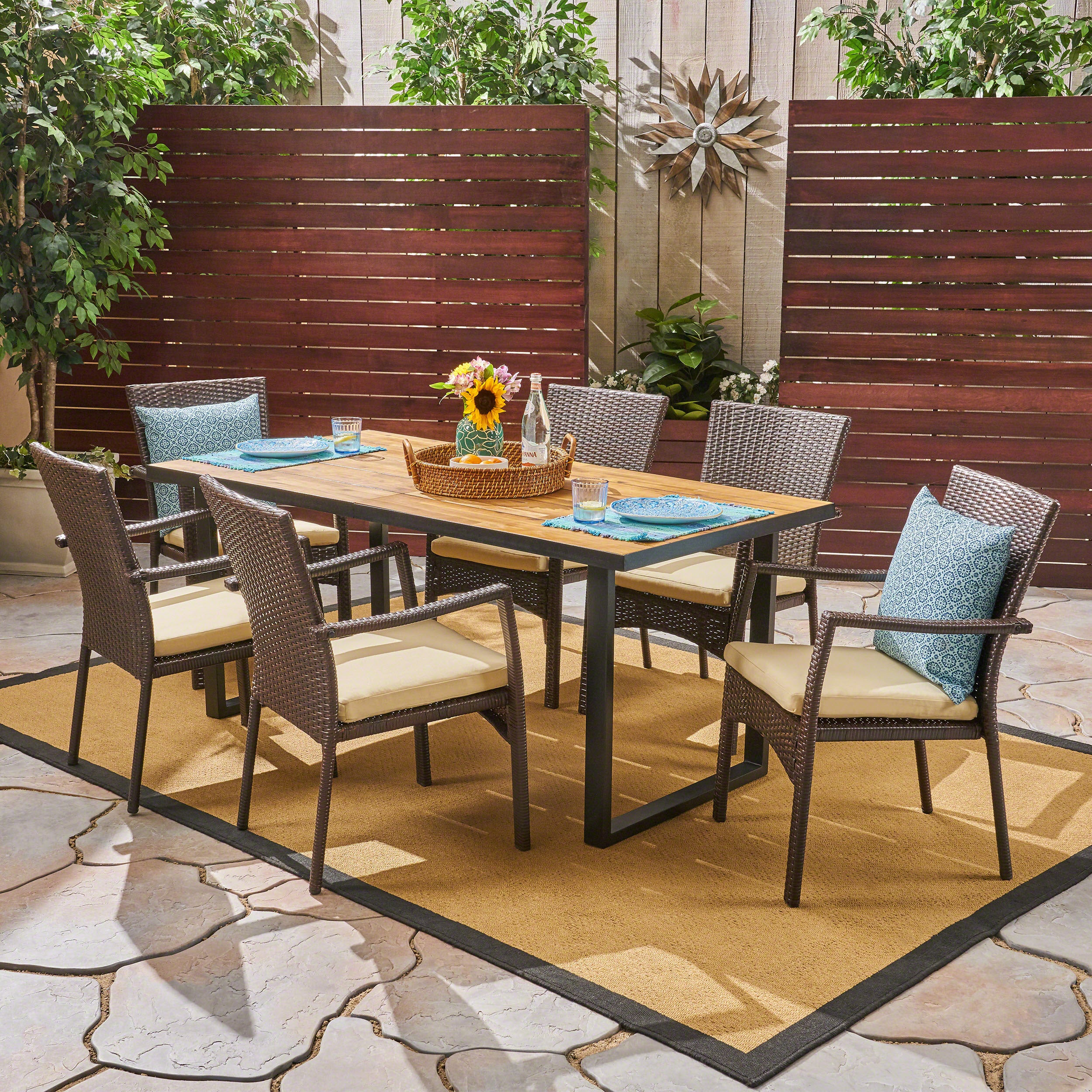 Perlestl Outdoor 6-Seater Rectangular Acacia Wood and Wicker Dining Set, Teak with Black and Brown with Cream