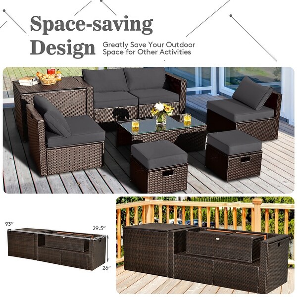 Costway 8PCS Patio Rattan Furniture Set SpaceSaving Storage Cushion