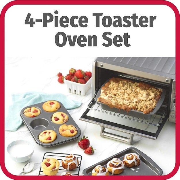 Goodcook 4 piece Nonstick Steel Toaster Oven Set With Sheet Pan Rack Cake Pan And Muffin Pan Gray gray